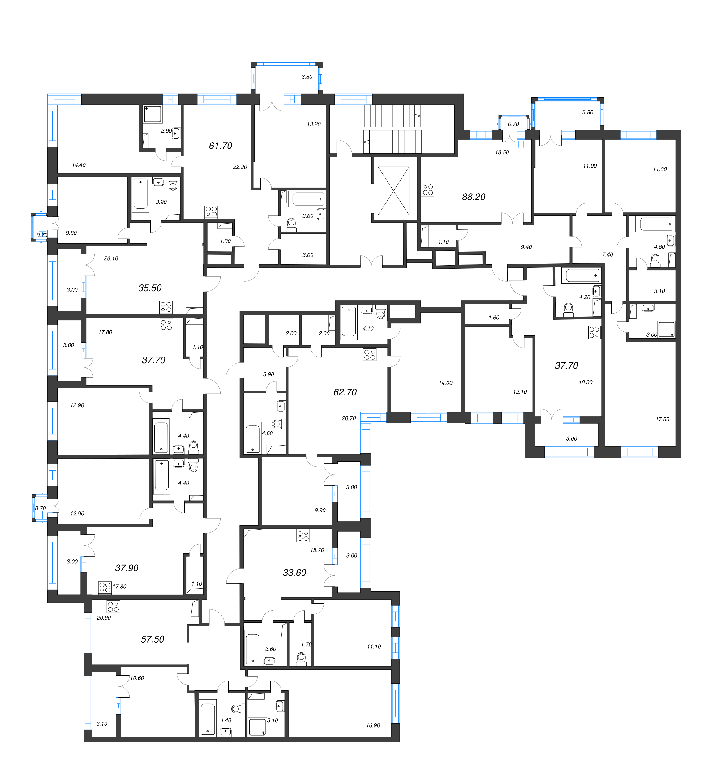 2-комнатная квартира, 62.7 м² - планировка этажа