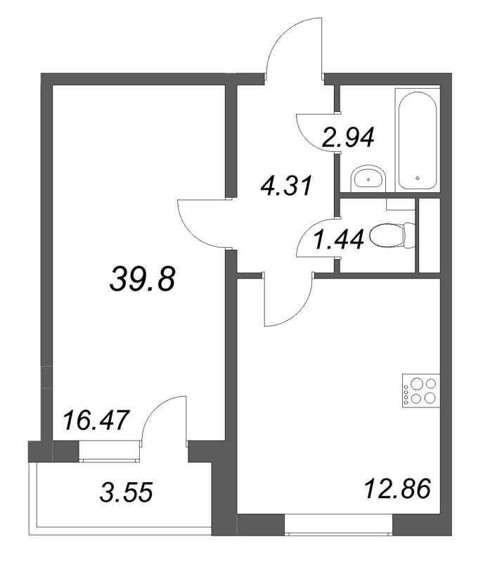 1-комнатная квартира, 39.8 м² в ЖК "АРО" - планировка, фото №1