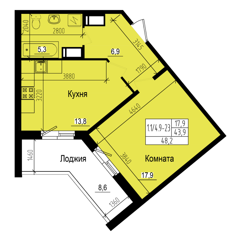 1-комнатная квартира, 48.2 м² в ЖК "ПРАГМА city" - планировка, фото №1