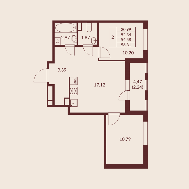 3-комнатная (Евро) квартира, 54.58 м² в ЖК "Амурино" - планировка, фото №1