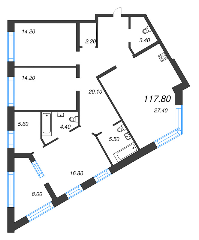 4-комнатная (Евро) квартира, 117.8 м² - планировка, фото №1