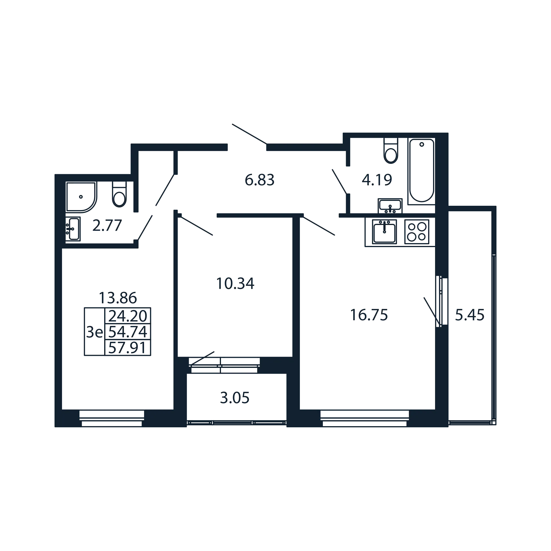 3-комнатная (Евро) квартира, 54.74 м² в ЖК "Полис Новоселье" - планировка, фото №1