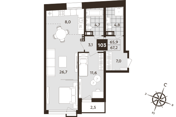 2-комнатная (Евро) квартира, 65.9 м² в ЖК "Дом на Бронницкой" - планировка, фото №1