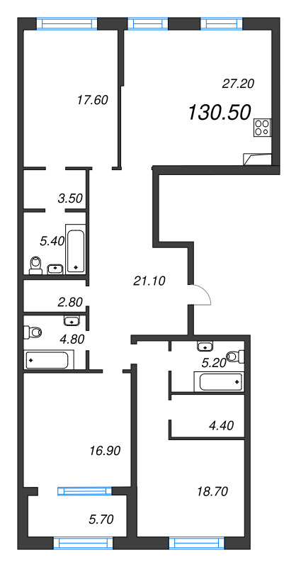 4-комнатная (Евро) квартира, 130.5 м² в ЖК "ЛДМ" - планировка, фото №1