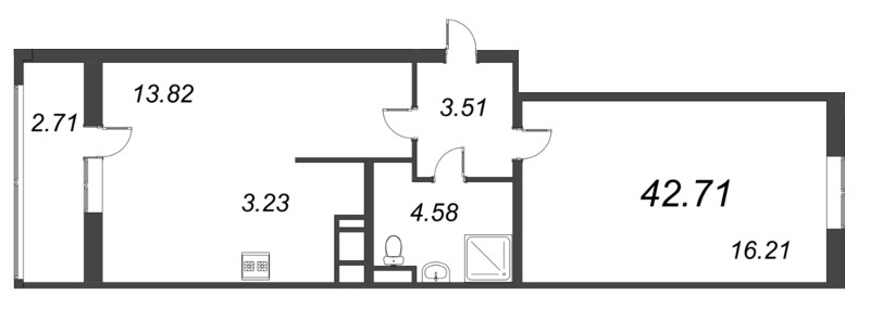 2-комнатная (Евро) квартира, 42.71 м² - планировка, фото №1