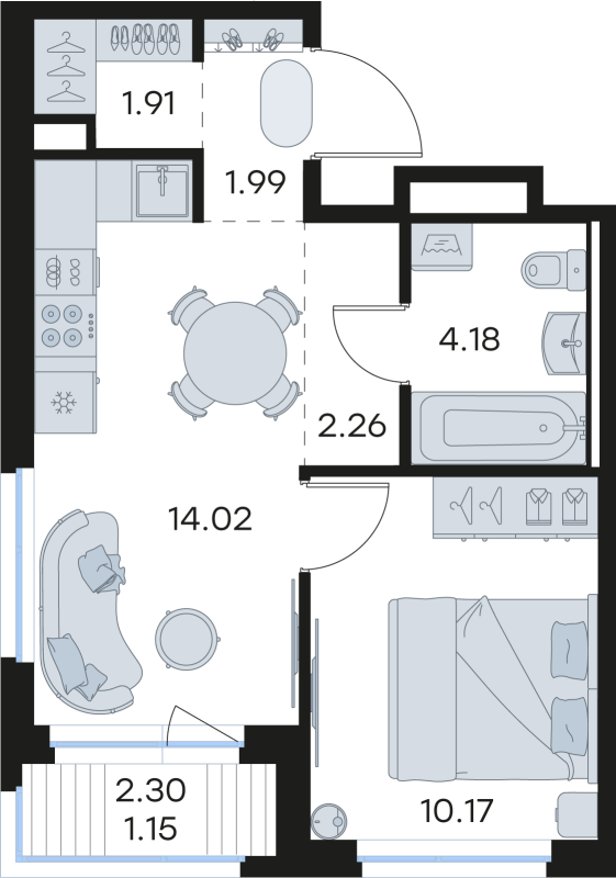 1-комнатная квартира, 35.1 м² в ЖК "Новоселье" - планировка, фото №1