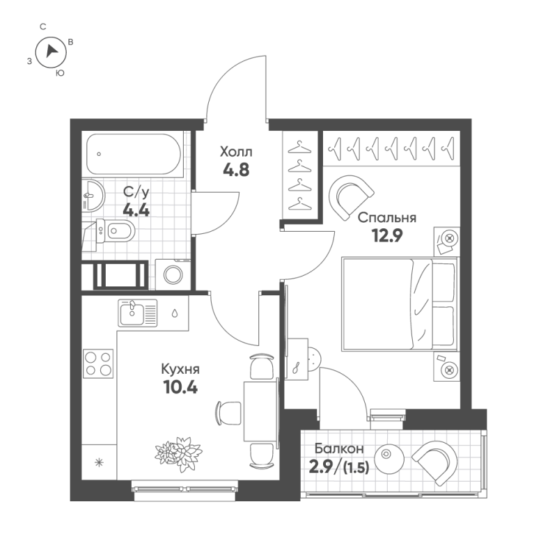 1-комнатная квартира, 34 м² - планировка, фото №1