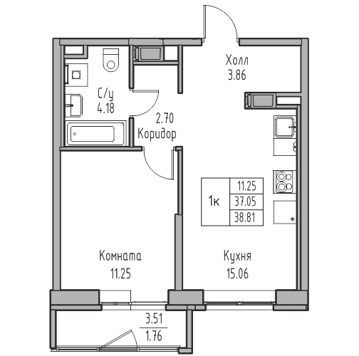 2-комнатная (Евро) квартира, 38.81 м² в ЖК "Юнтолово" - планировка, фото №1