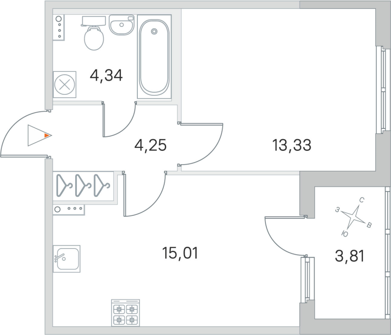 2-комнатная (Евро) квартира, 36.93 м² в ЖК "Любоград" - планировка, фото №1