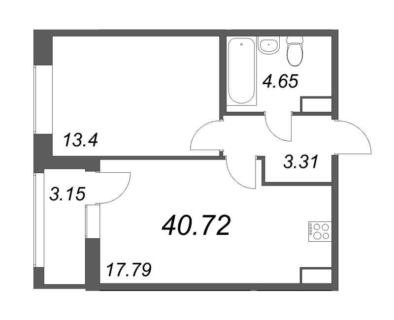 2-комнатная (Евро) квартира, 40.72 м² - планировка, фото №1