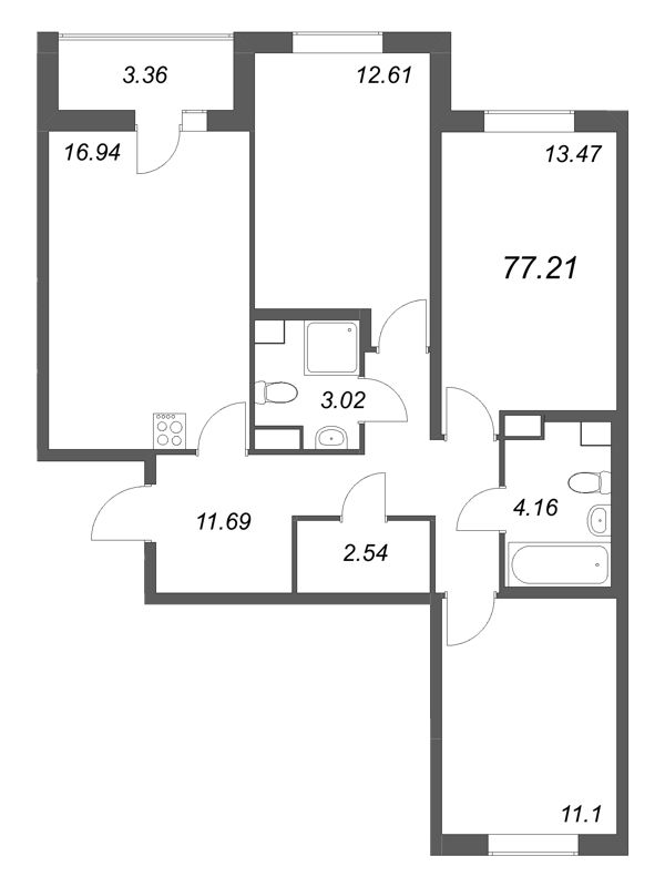 4-комнатная (Евро) квартира, 77.21 м² в ЖК "Кинопарк" - планировка, фото №1