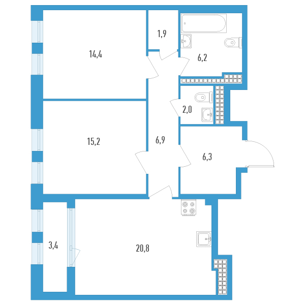 3-комнатная (Евро) квартира, 75.4 м² в ЖК "Дефанс Премиум" - планировка, фото №1