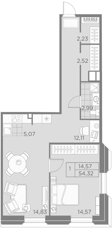 2-комнатная (Евро) квартира, 54.32 м² - планировка, фото №1