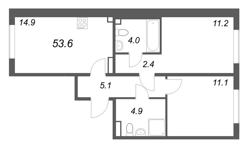 2-комнатная квартира, 53.6 м² в ЖК "Пулково Лейк" - планировка, фото №1
