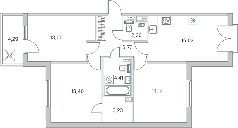 4-комнатная (Евро) квартира, 73.18 м² в ЖК "Любоград" - планировка, фото №1