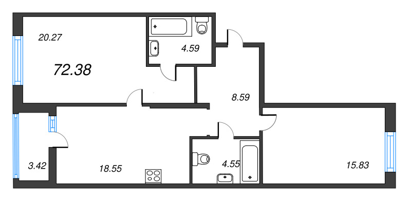 3-комнатная (Евро) квартира, 72.38 м² - планировка, фото №1
