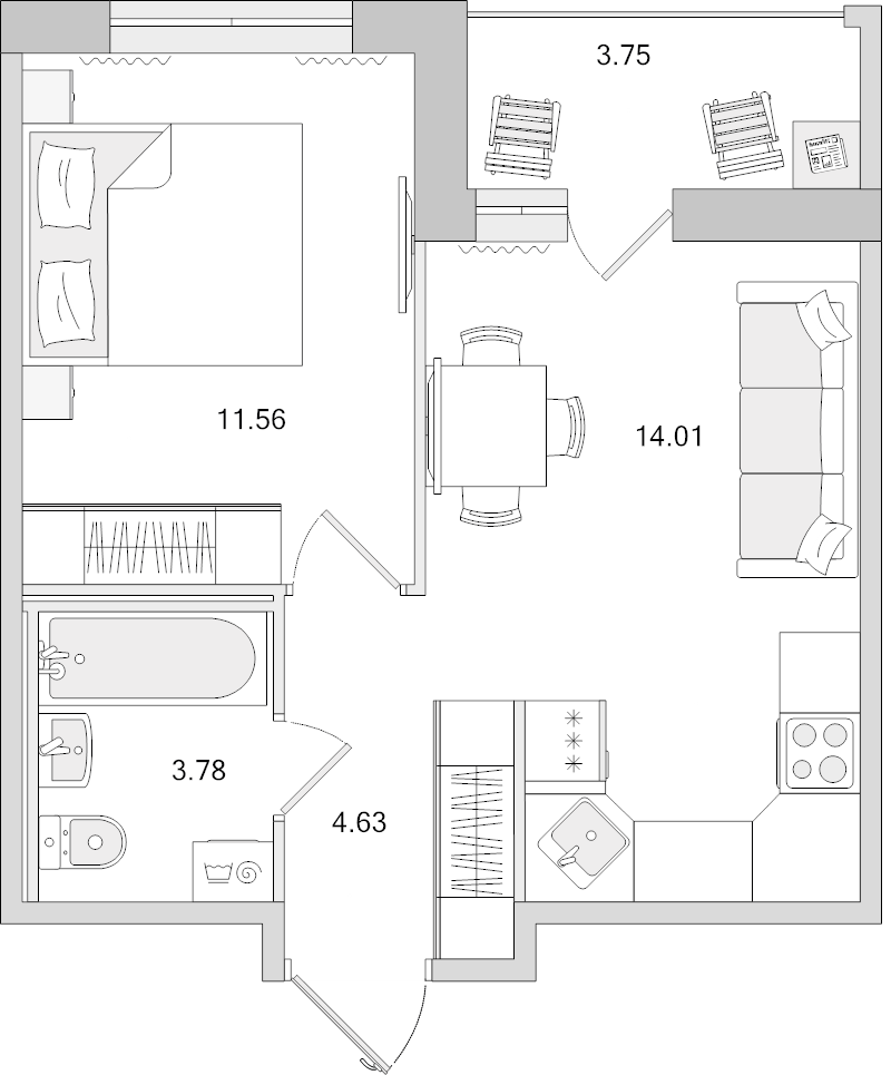 1-комнатная квартира, 38.06 м² в ЖК "Dreamline" - планировка, фото №1