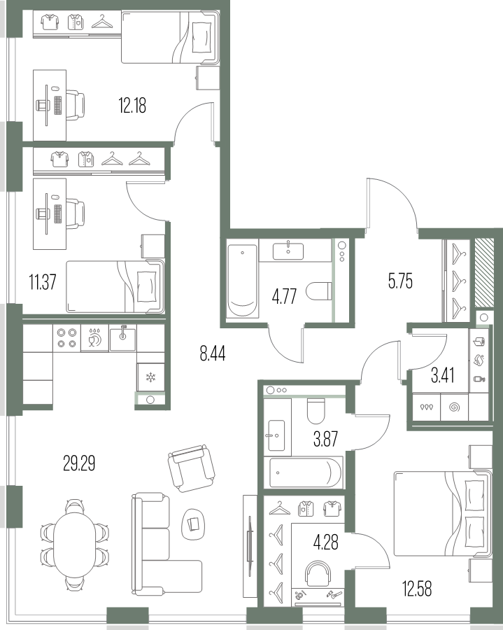 4-комнатная (Евро) квартира, 95.94 м² в ЖК "Легенда у моря" - планировка, фото №1