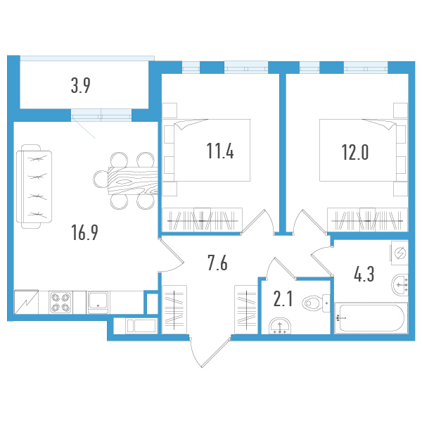 3-комнатная (Евро) квартира, 56.3 м² - планировка, фото №1
