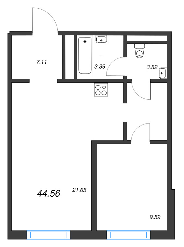 2-комнатная (Евро) квартира, 44.56 м² в ЖК "Legenda Васильевского" - планировка, фото №1