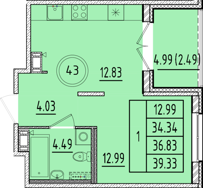 1-комнатная квартира, 34.34 м² в ЖК "Образцовый квартал 17" - планировка, фото №1