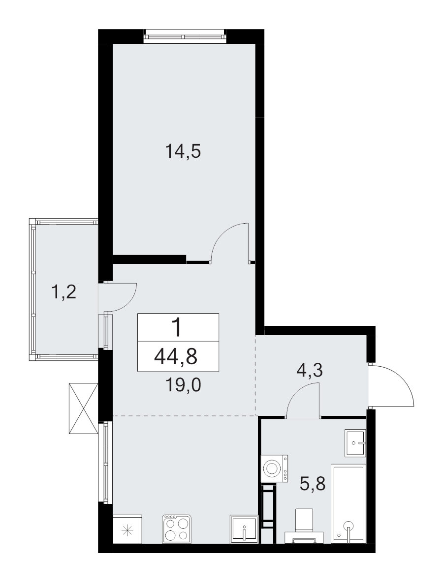 2-комнатная (Евро) квартира, 44.8 м² - планировка, фото №1