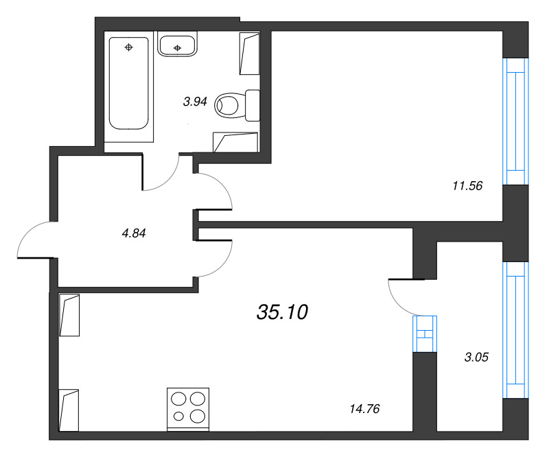 2-комнатная (Евро) квартира, 35.1 м² в ЖК "Б15" - планировка, фото №1
