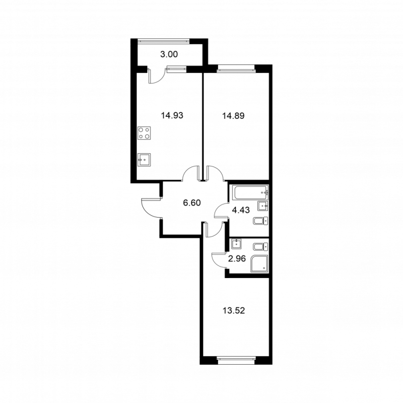 2-комнатная квартира, 58.83 м² - планировка, фото №1