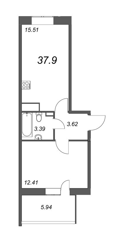 2-комнатная (Евро) квартира, 38.2 м² - планировка, фото №1