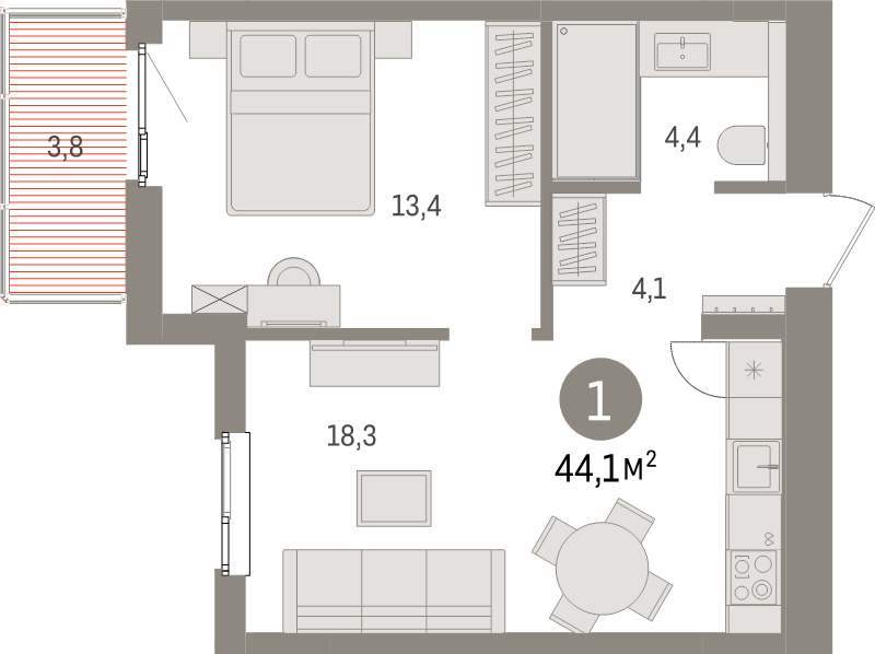 2-комнатная (Евро) квартира, 44.1 м² в ЖК "Брусника в Новоселье" - планировка, фото №1