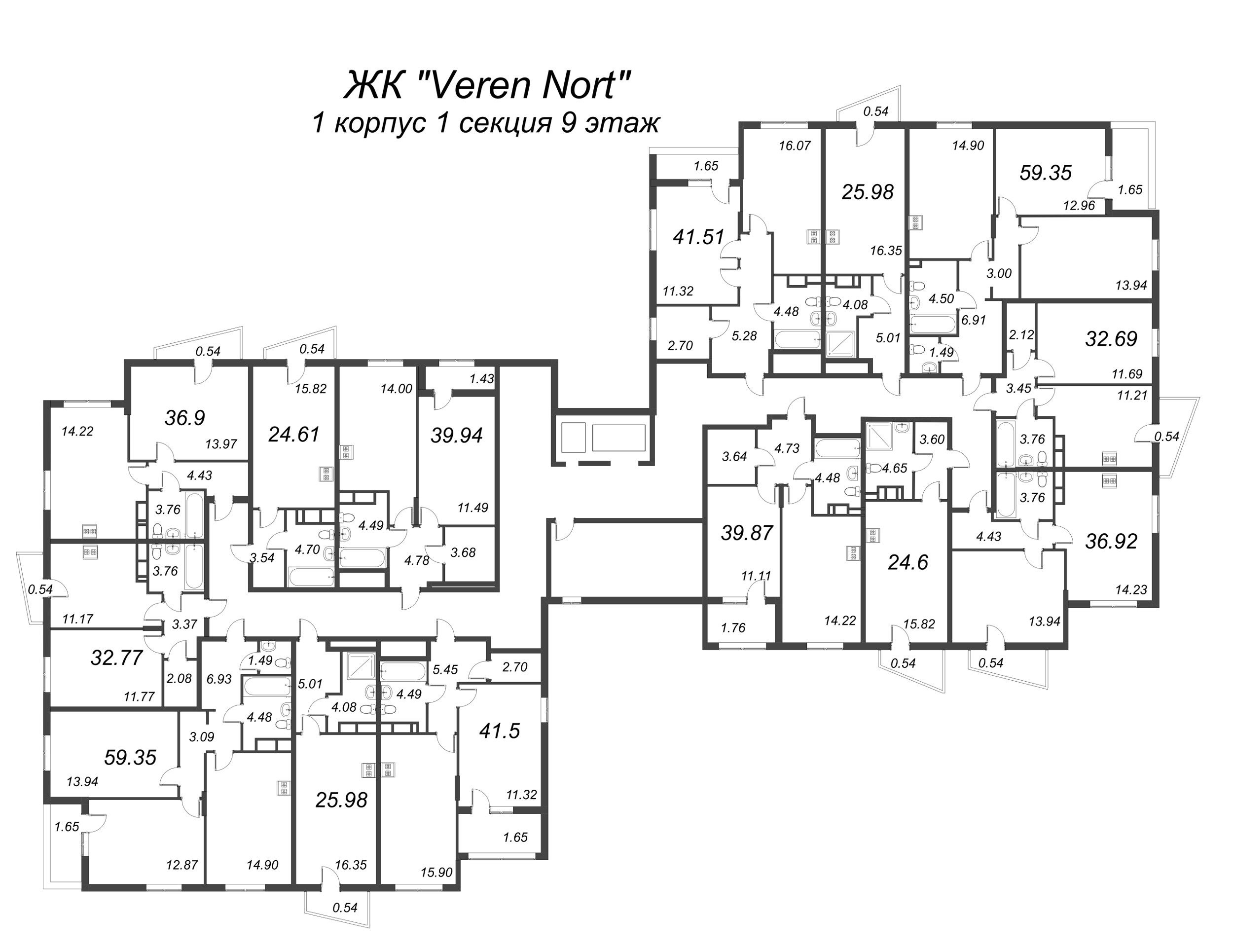1-комнатная квартира, 32.77 м² в ЖК "VEREN NORT сертолово" - планировка этажа