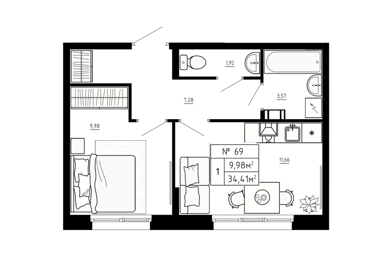 1-комнатная квартира, 34.41 м² в ЖК "Аннино Сити" - планировка, фото №1