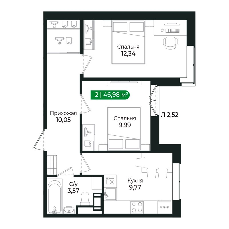 2-комнатная квартира, 45.9 м² в ЖК "Сертолово Парк" - планировка, фото №1