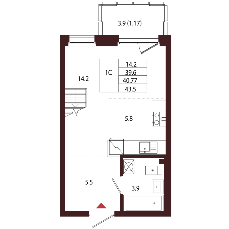 Квартира-студия, 40.77 м² в ЖК "Лисино" - планировка, фото №1
