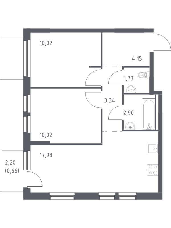 3-комнатная (Евро) квартира, 50.8 м² в ЖК "Невская Долина" - планировка, фото №1