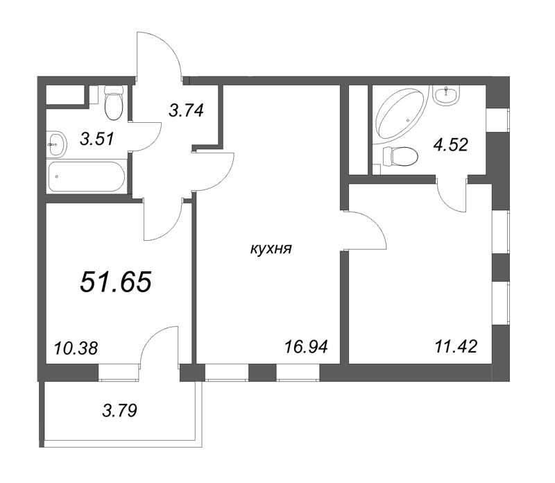 3-комнатная (Евро) квартира, 51.65 м² - планировка, фото №1