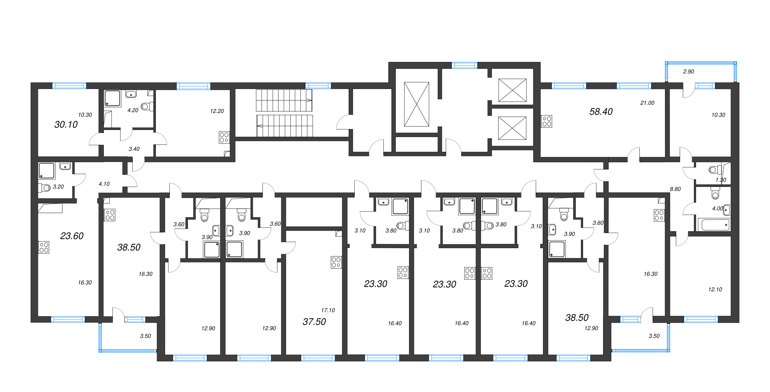2-комнатная (Евро) квартира, 38.5 м² в ЖК "Ручьи" - планировка этажа