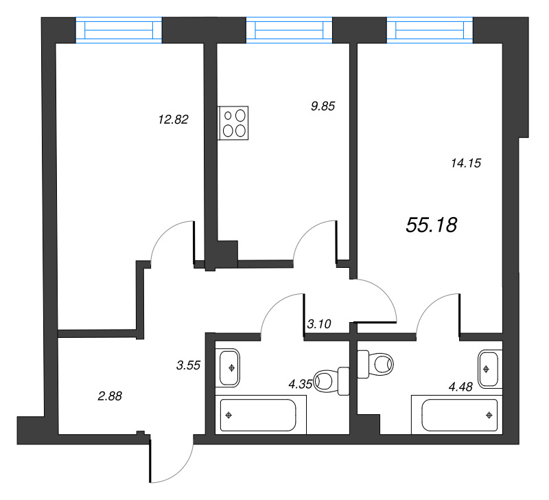 2-комнатная квартира, 55.18 м² - планировка, фото №1