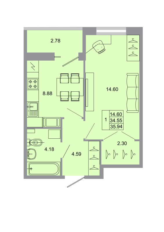 1-комнатная квартира, 35 м² - планировка, фото №1
