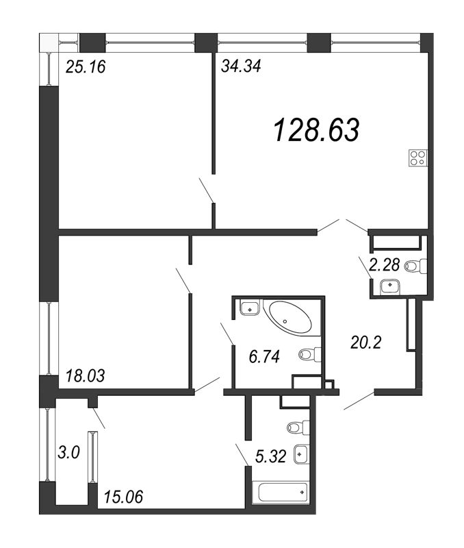 4-комнатная (Евро) квартира, 128.63 м² в ЖК "Дефанс Премиум" - планировка, фото №1