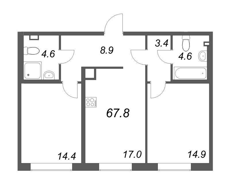 3-комнатная (Евро) квартира, 67.8 м² в ЖК "Визионер" - планировка, фото №1