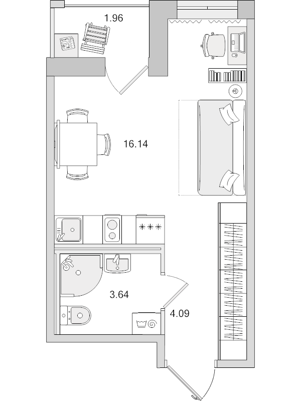 Квартира-студия, 23.87 м² - планировка, фото №1