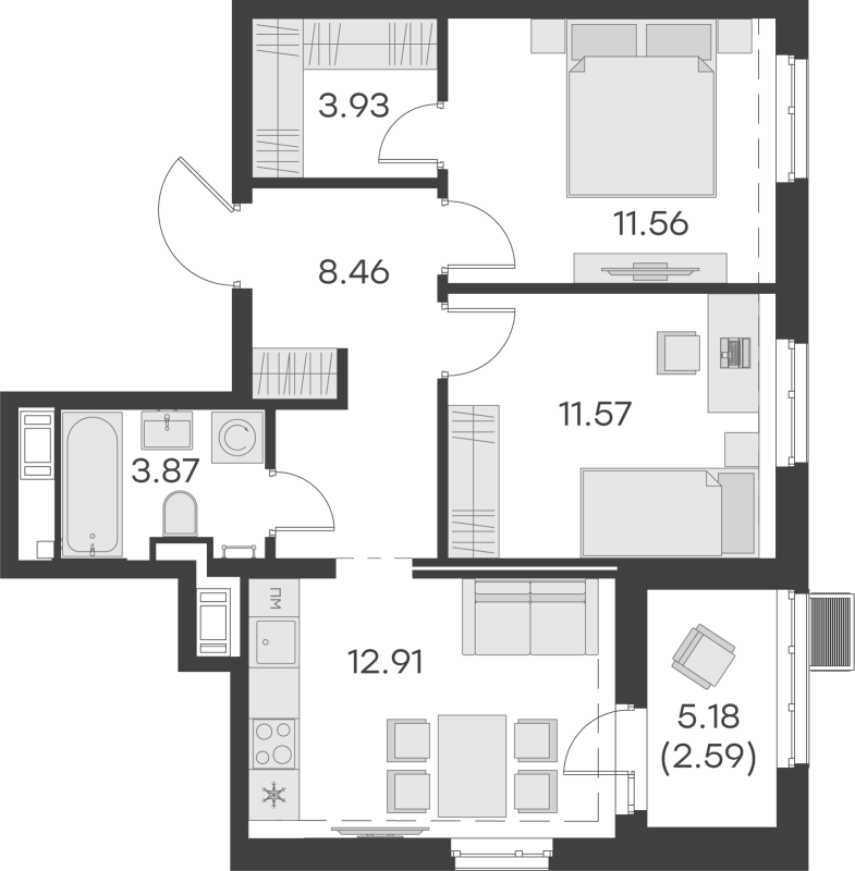 2-комнатная квартира, 54.89 м² - планировка, фото №1