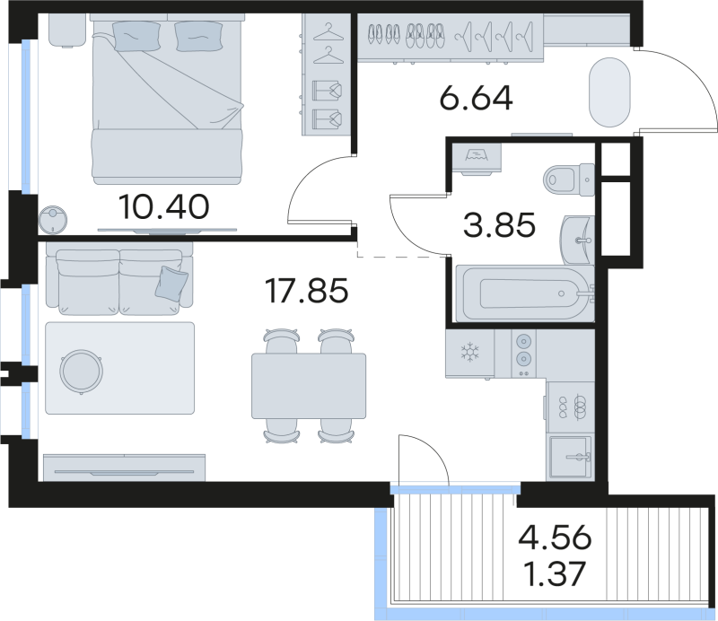 2-комнатная (Евро) квартира, 40.11 м² в ЖК "GloraX Парголово" - планировка, фото №1