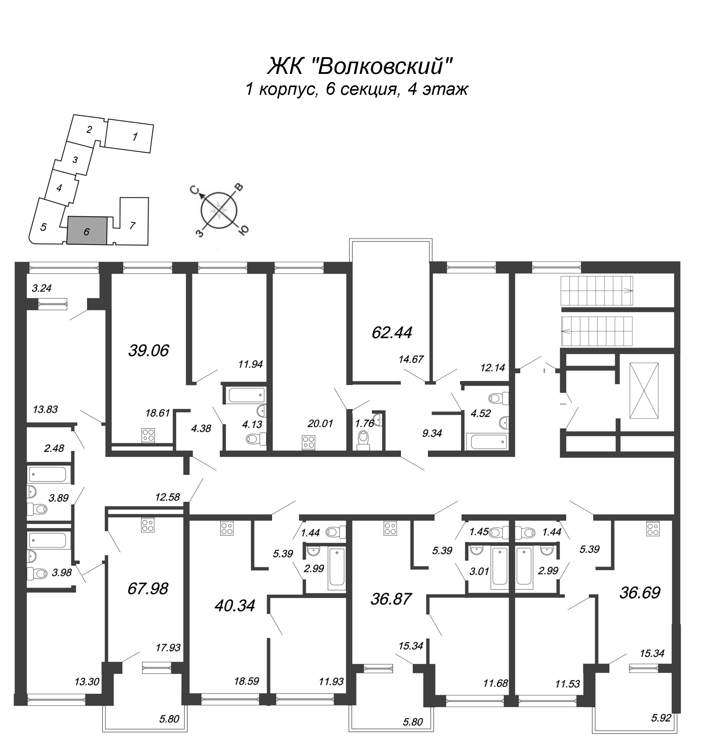 2-комнатная (Евро) квартира, 40.34 м² в ЖК "Волковский" - планировка этажа