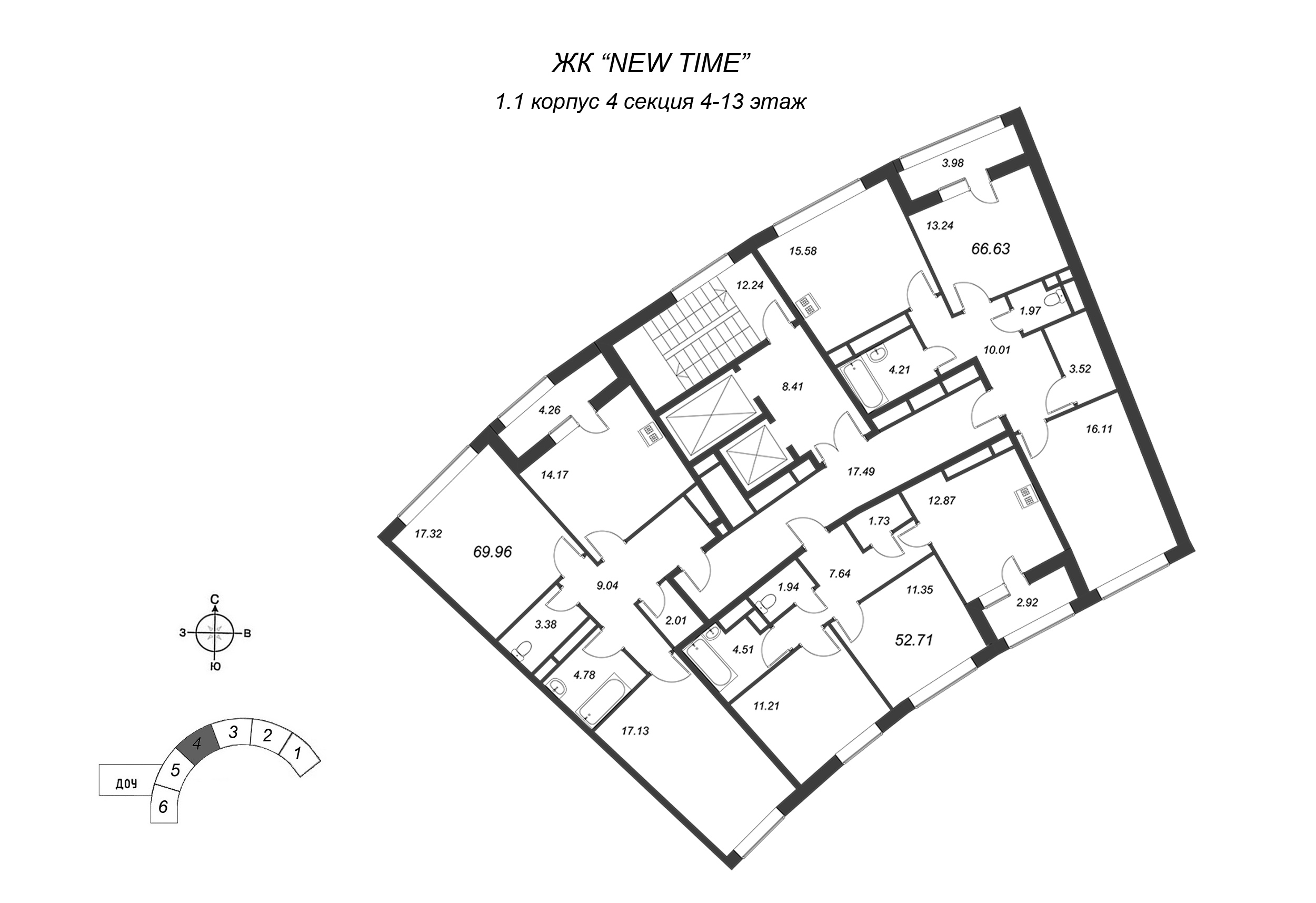 2-комнатная квартира, 52.72 м² в ЖК "NEW TIME" - планировка этажа