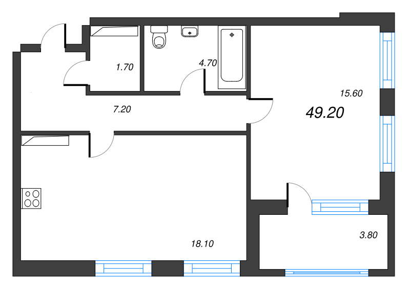 2-комнатная (Евро) квартира, 48.9 м² в ЖК "Тайм Сквер" - планировка, фото №1