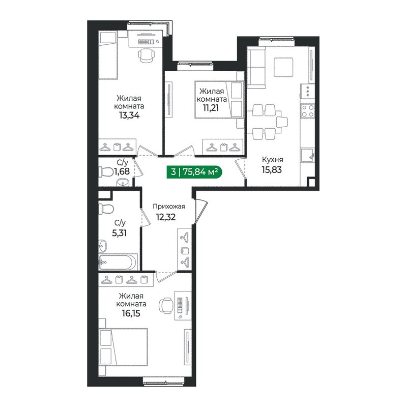 4-комнатная (Евро) квартира, 75.84 м² в ЖК "Сертолово Парк" - планировка, фото №1