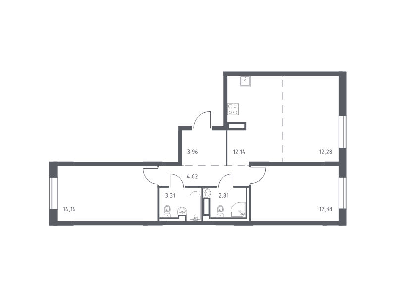 3-комнатная (Евро) квартира, 65.66 м² - планировка, фото №1