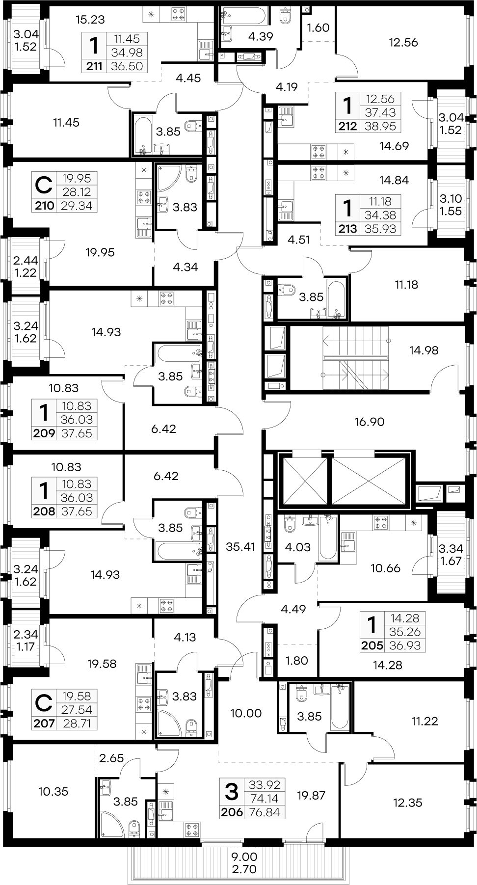 1-комнатная квартира, 35.93 м² - планировка этажа